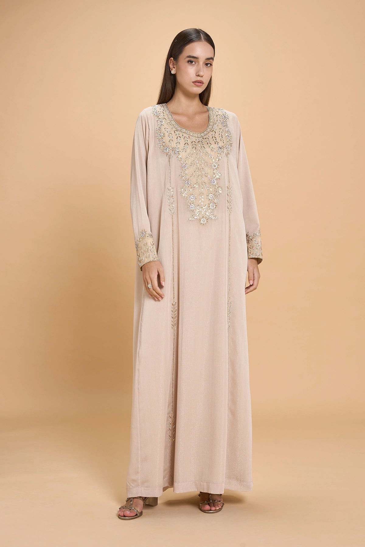 Daily Wear Jalabia With Embroidery And Crystals - Beige