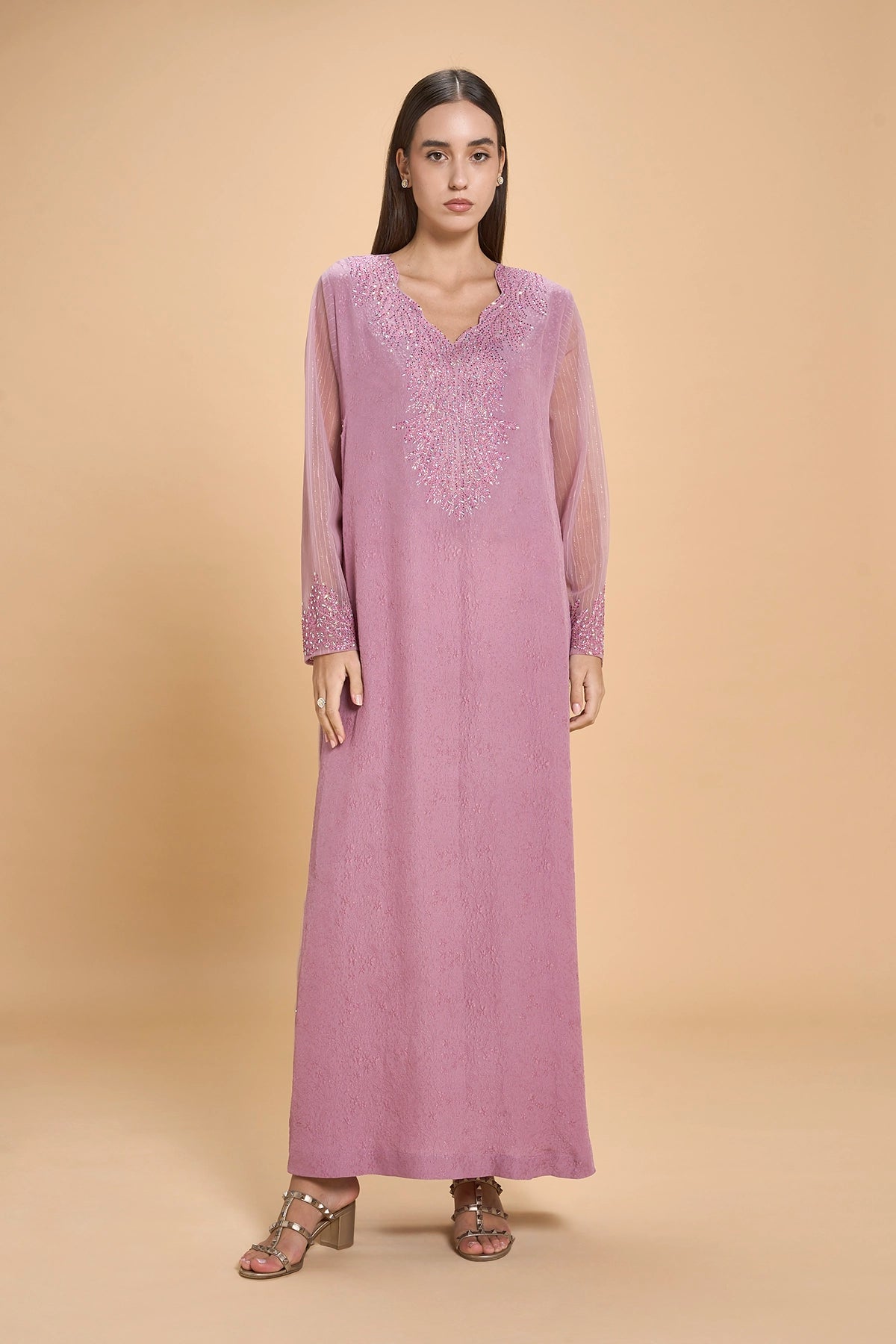 Party Wear Jalabia With Crystals And Embroidery - Mauve Pink